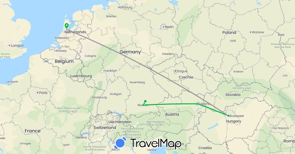 TravelMap itinerary: driving, bus, plane in Austria, Germany, Hungary, Netherlands (Europe)