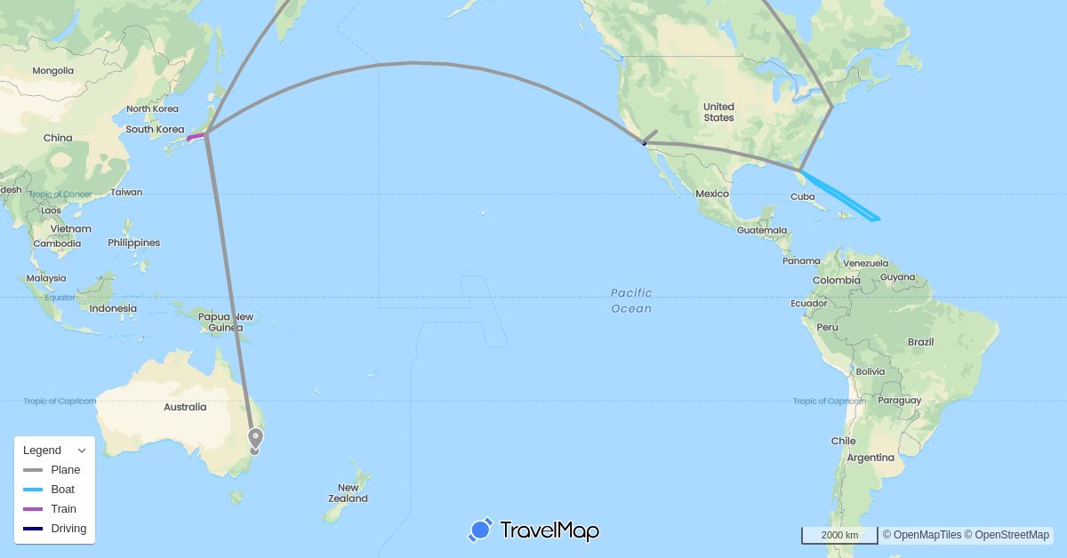 TravelMap itinerary: driving, plane, train, boat in Australia, Bahamas, Japan, Netherlands, United States (Asia, Europe, North America, Oceania)